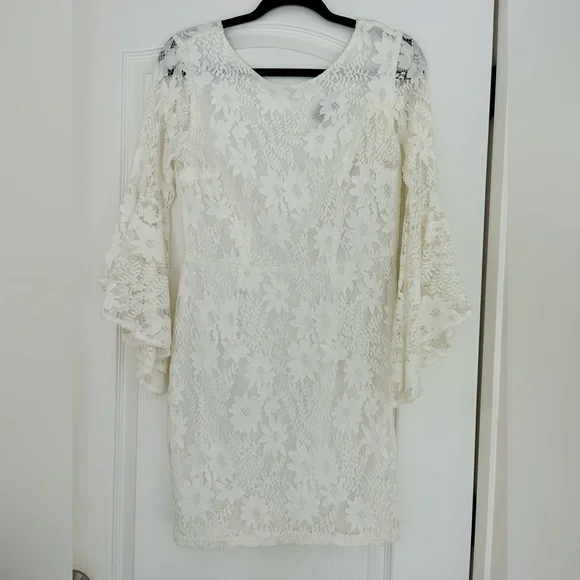 white bodycon dress with bell sleeves Bell Sleeve Bodycon Dress in White Crushed Velvet w/ White Mesh Sleeves Large